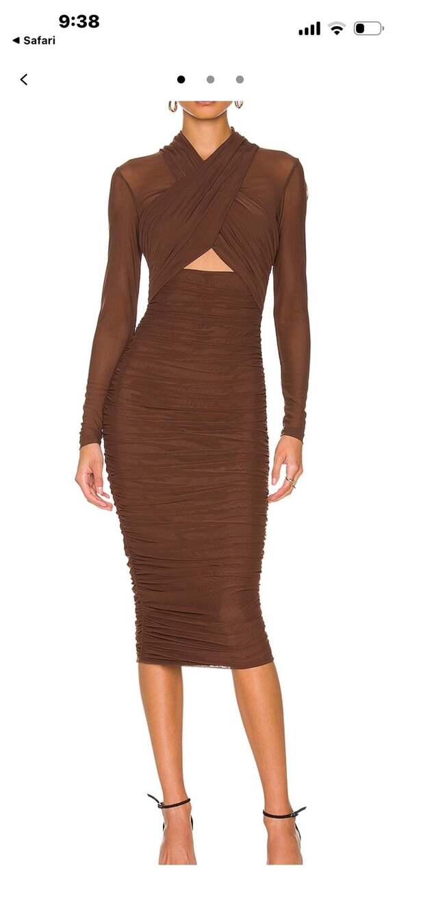 Bardot Brown Mesh Ruched Long Sleeve Midi Dress Size L - Picture 3 of 8